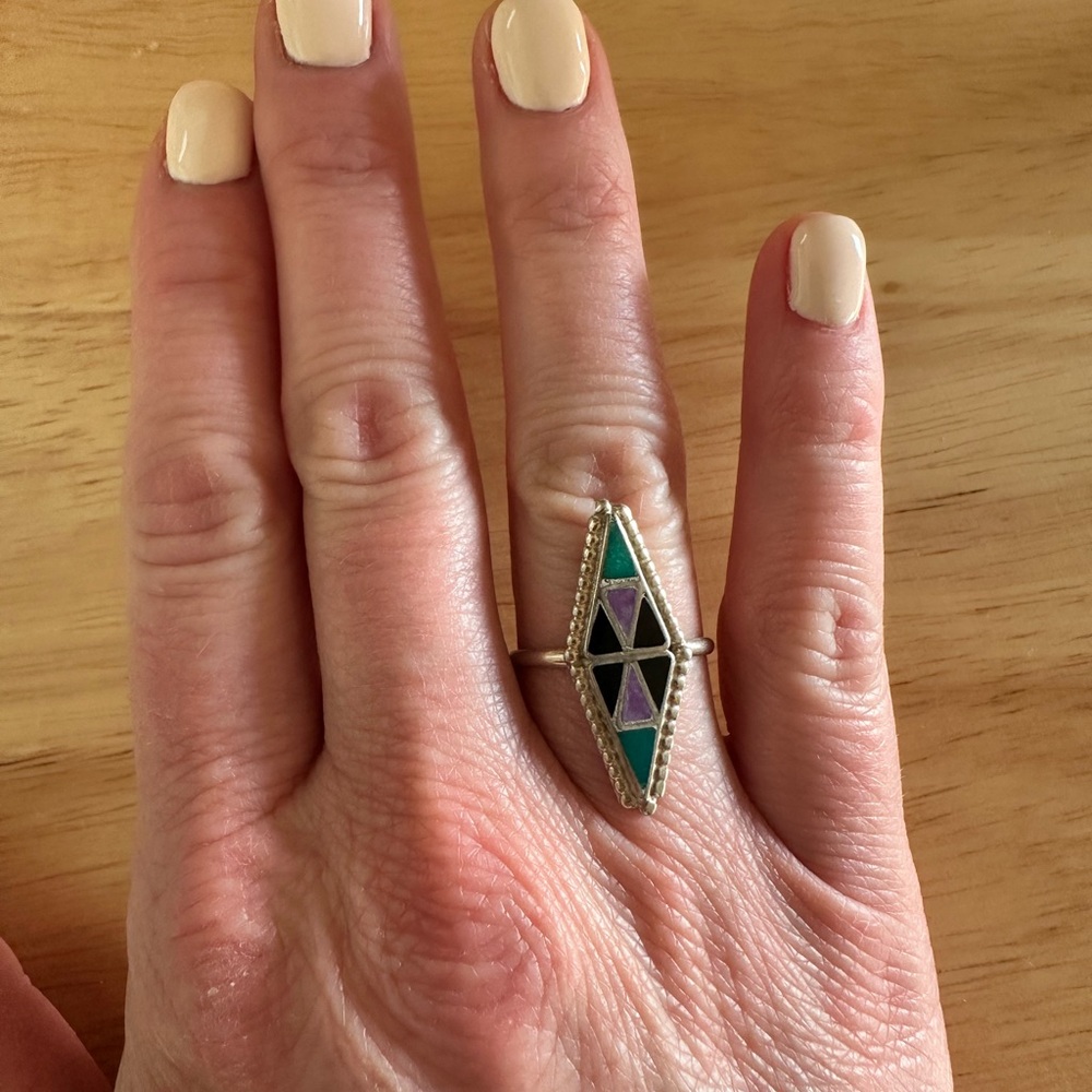 Geometric Silver Ring with Purple and Green inlay accents - Picture 14 of 14